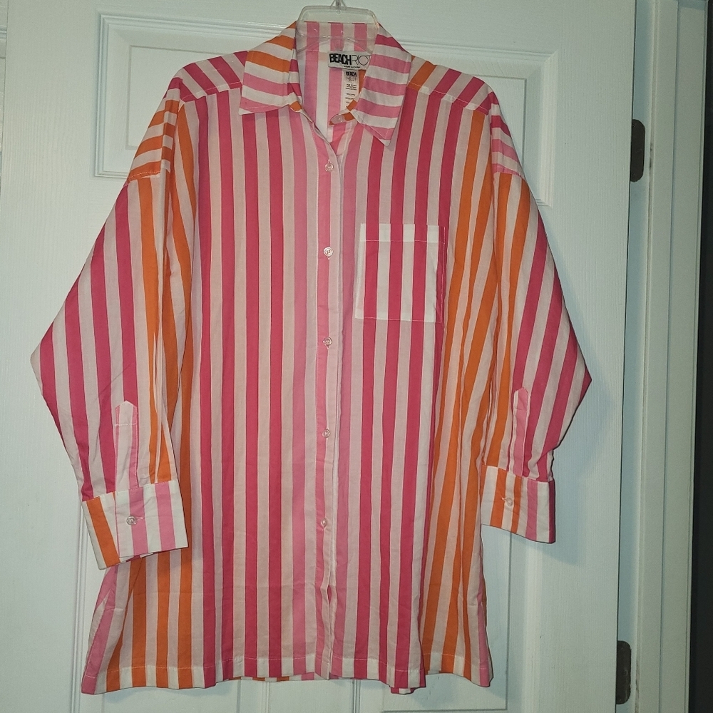 BEACH RIOT Alexa Oversized Shirt Cover Up Size Large X Large Pink Orange Stripes